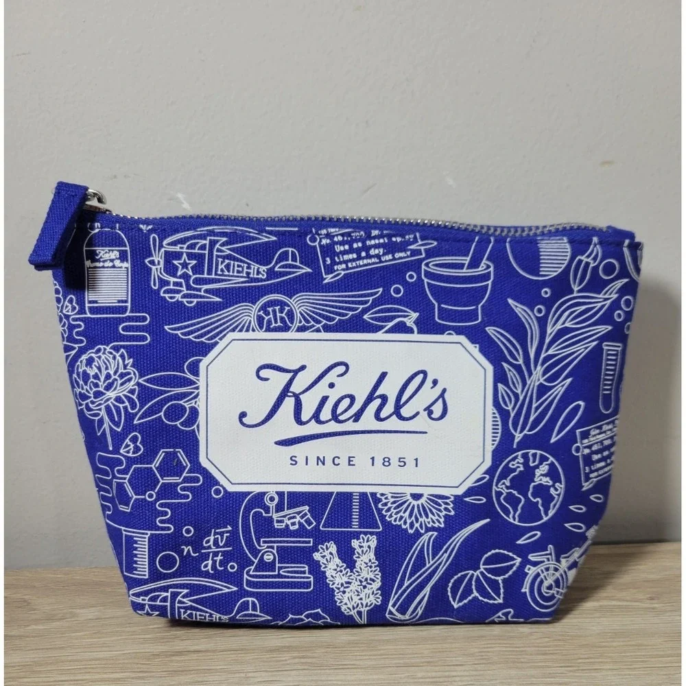 Kiehl's Makeup Cosmetic Travel Bag‎ Blue & White Graphics Canvas